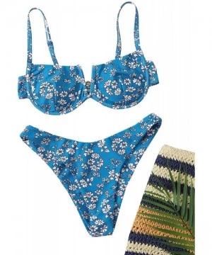 Sets Women's Floral Print Underwire Cami Top with High Cut Bikini Set - 1-blue - CM199L9X7X8