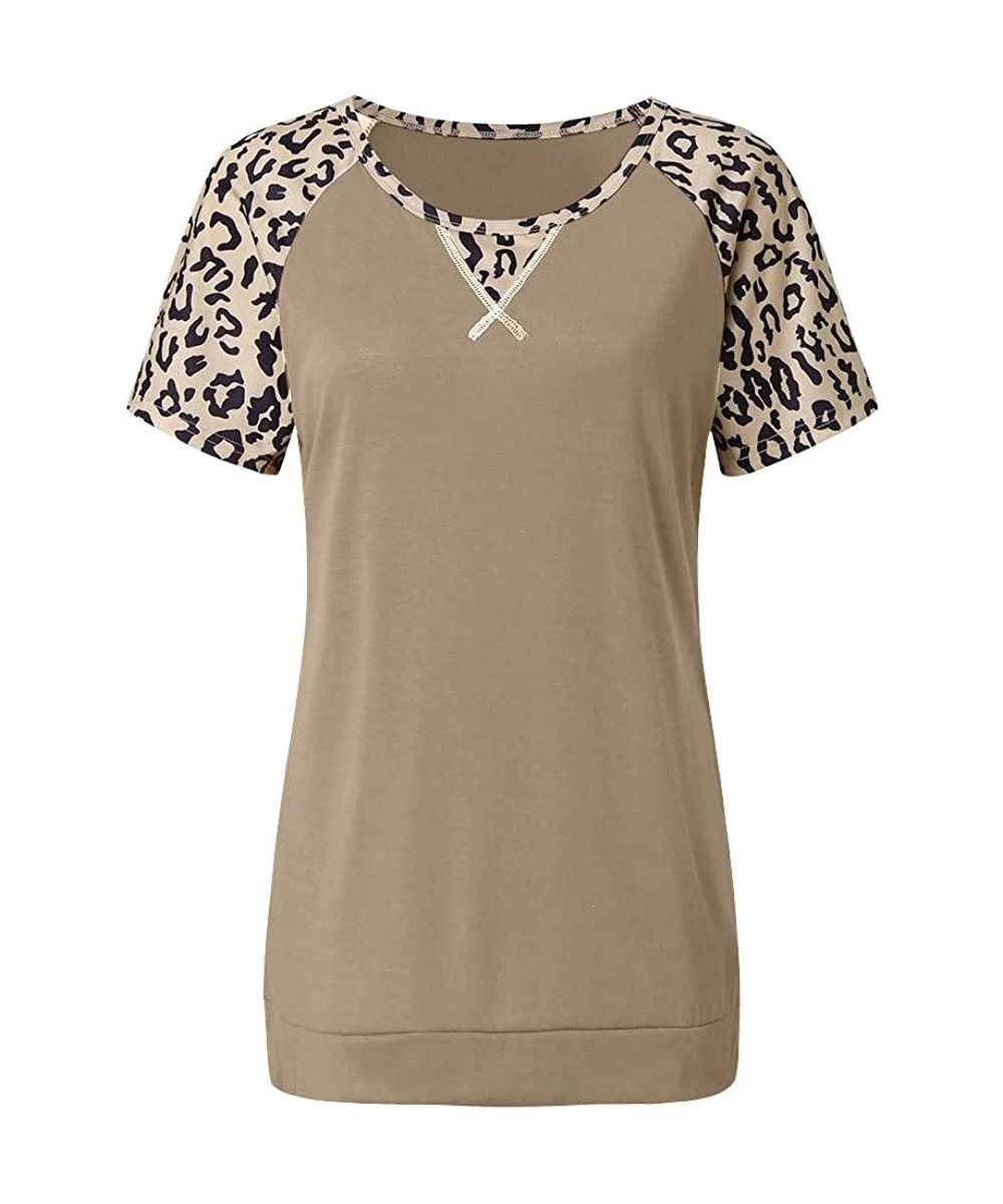 Rash Guards Ladies Fashion Summer Leopard Print Patchwork Split Top - Khaki - C81979RY6S3