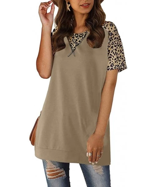 Rash Guards Ladies Fashion Summer Leopard Print Patchwork Split Top - Khaki - C81979RY6S3