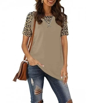 Rash Guards Ladies Fashion Summer Leopard Print Patchwork Split Top - Khaki - C81979RY6S3