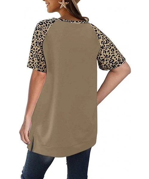 Rash Guards Ladies Fashion Summer Leopard Print Patchwork Split Top - Khaki - C81979RY6S3