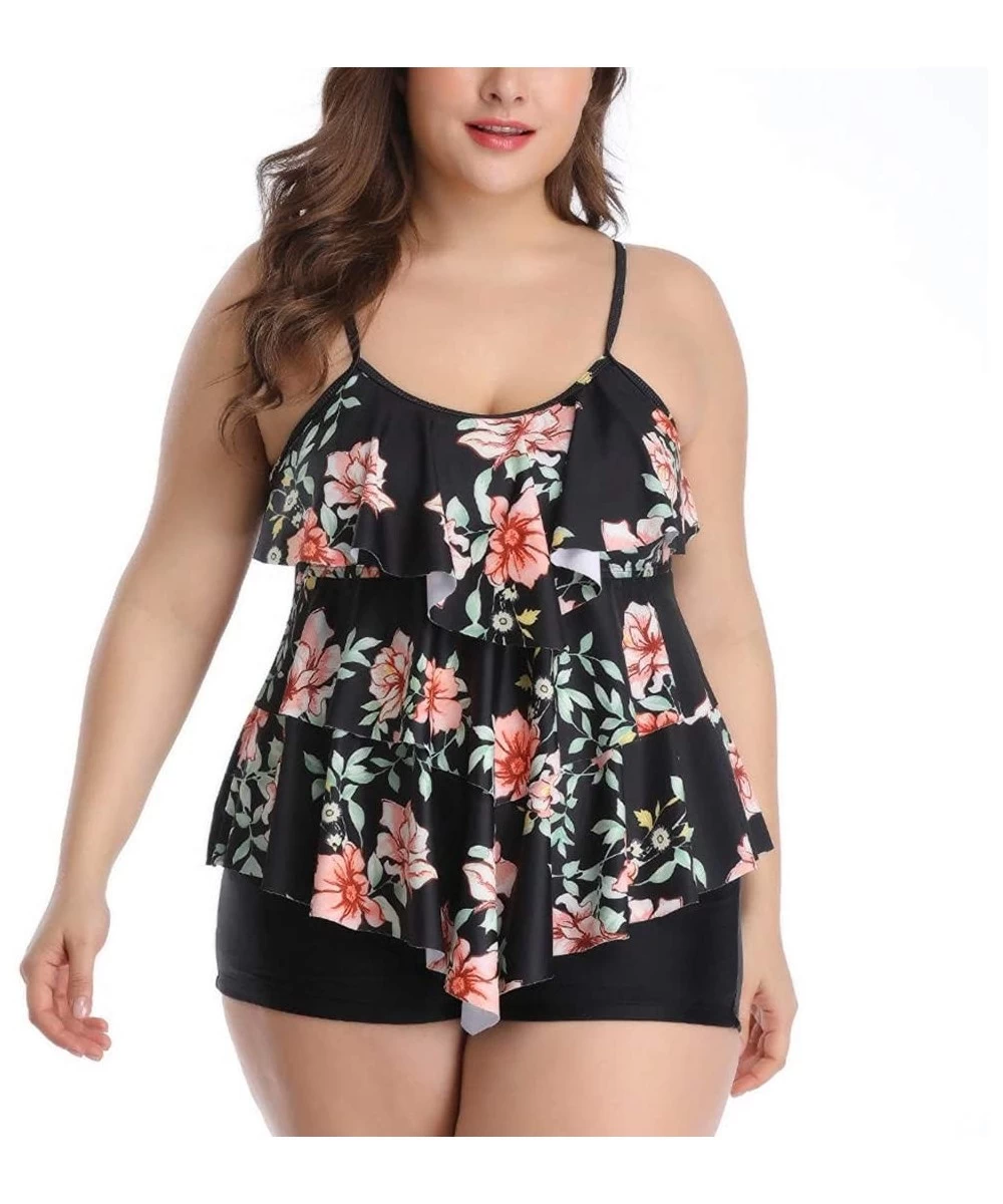 Racing Women Tankini Set Plus Size Bathing Suit Flounce Printed Two Piece Swimsuits Tummy Control - Mutil-a - C91980GZC57