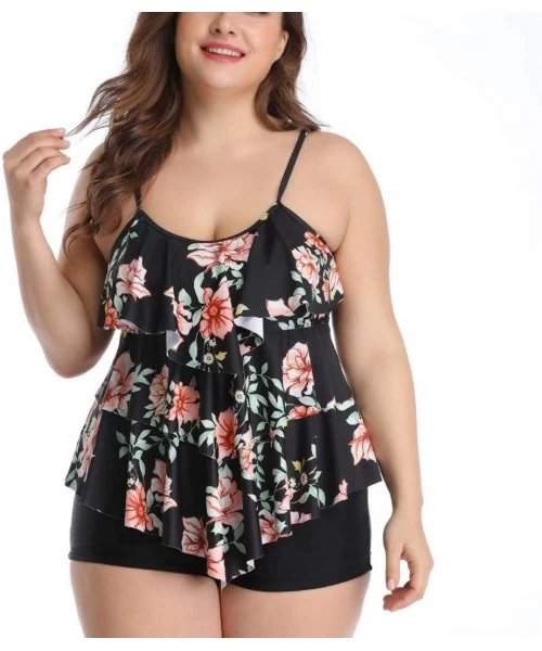 Racing Women Tankini Set Plus Size Bathing Suit Flounce Printed Two Piece Swimsuits Tummy Control - Mutil-a - C91980GZC57