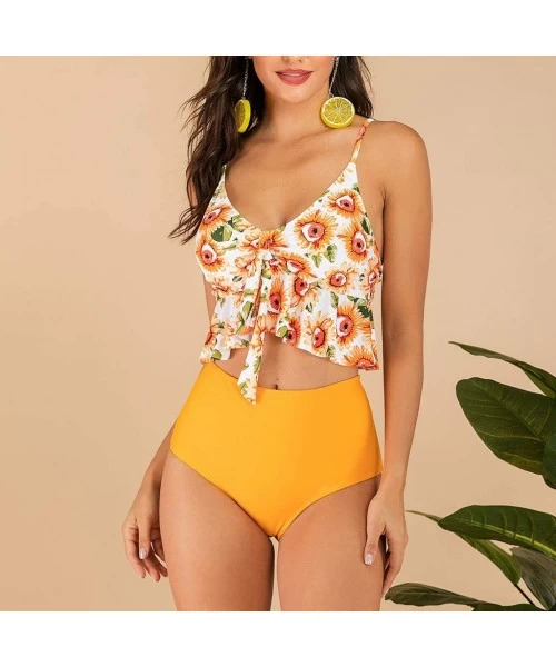 Sets Women Flounce Crop Top High Waisted Bikini Bottom Cute Strappy Swimsuits Vintage Two Piece Tankini Bathing Suits - Multi...