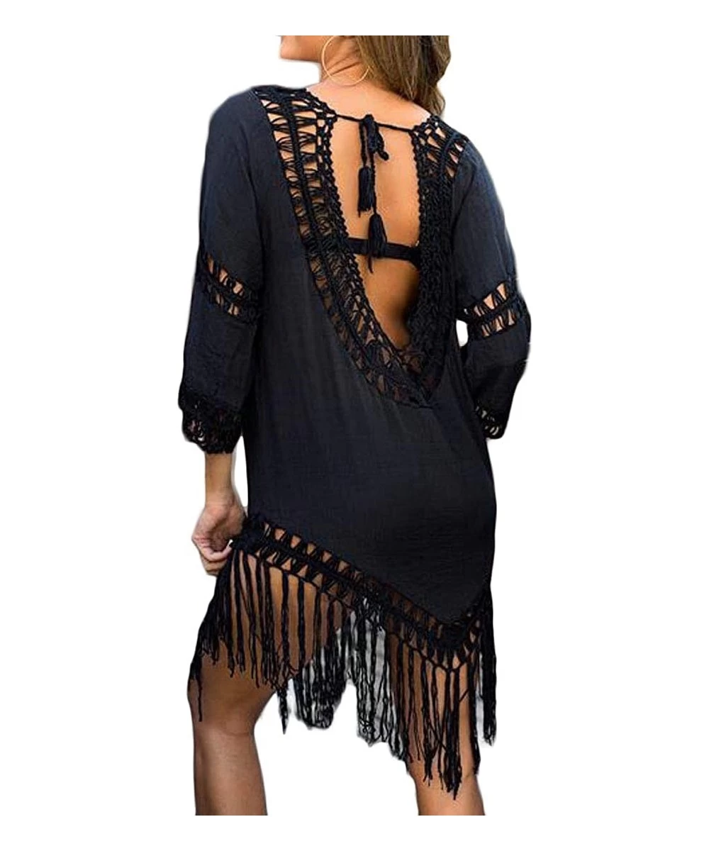 Cover-Ups Long Sleeve Backless Bathing Suits Cover Up V Neck Hollow Out Tassels Mini Dress - Black - C3199LK2X0I