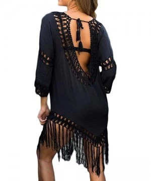 Cover-Ups Long Sleeve Backless Bathing Suits Cover Up V Neck Hollow Out Tassels Mini Dress - Black - C3199LK2X0I