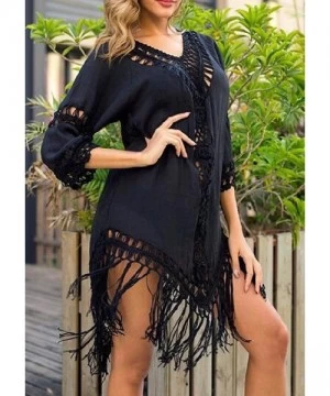 Cover-Ups Long Sleeve Backless Bathing Suits Cover Up V Neck Hollow Out Tassels Mini Dress - Black - C3199LK2X0I