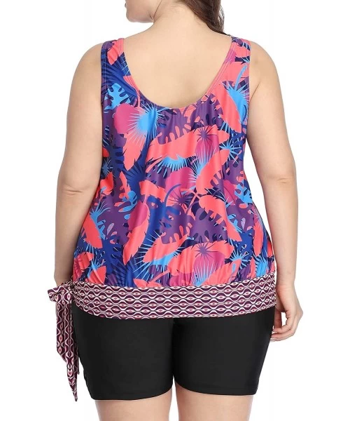 Tankinis Womens Tankini Top Plus Size Swimsuits Tropical Leaf Printed Bathing Suits 0X - Purple & Red - CS194RXGXTN