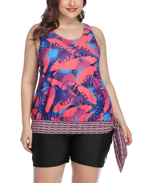 Tankinis Womens Tankini Top Plus Size Swimsuits Tropical Leaf Printed Bathing Suits 0X - Purple & Red - CS194RXGXTN