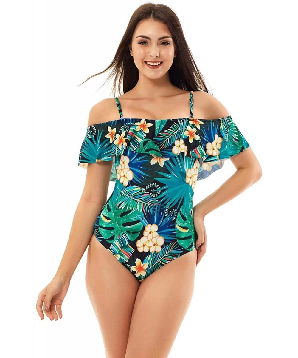 One-Pieces Sexy Women's Swimsuit One Piece Bathing Suit Plunge Mesh Ruched Off Shoulder Tummy Control - Ruffle Green-flower -...