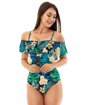 One-Pieces Sexy Women's Swimsuit One Piece Bathing Suit Plunge Mesh Ruched Off Shoulder Tummy Control - Ruffle Green-flower -...