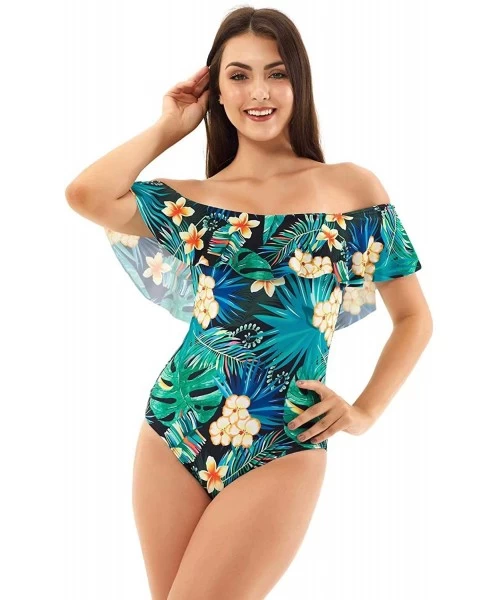 One-Pieces Sexy Women's Swimsuit One Piece Bathing Suit Plunge Mesh Ruched Off Shoulder Tummy Control - Ruffle Green-flower -...