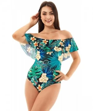 One-Pieces Sexy Women's Swimsuit One Piece Bathing Suit Plunge Mesh Ruched Off Shoulder Tummy Control - Ruffle Green-flower -...