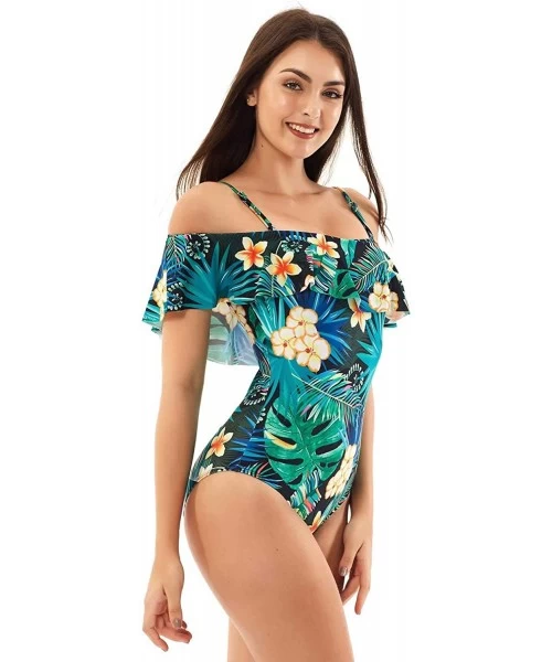 One-Pieces Sexy Women's Swimsuit One Piece Bathing Suit Plunge Mesh Ruched Off Shoulder Tummy Control - Ruffle Green-flower -...