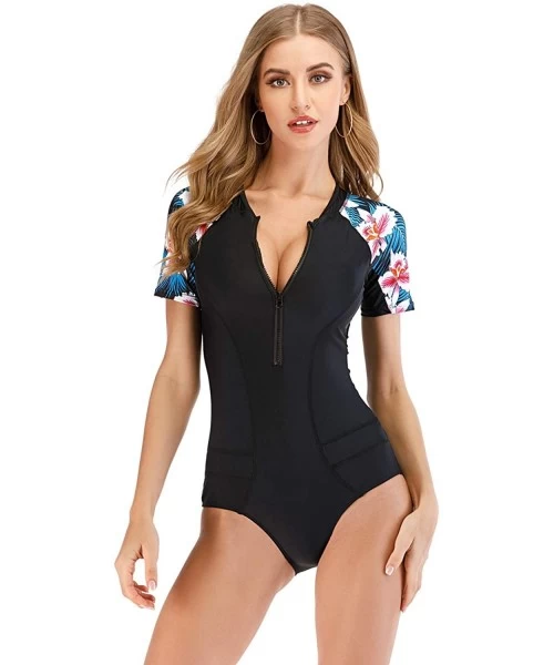 Rash Guards Women Printed One-Piece Swimsuit Short Sleeve Rashguard Swimwear Zipper Front Bathing Suit - Black/Floral Sleeve ...