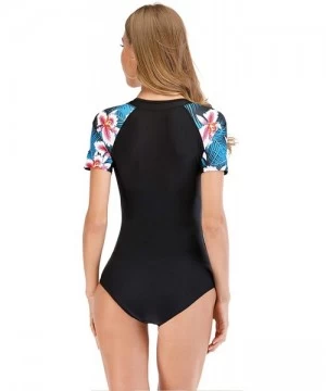 Rash Guards Women Printed One-Piece Swimsuit Short Sleeve Rashguard Swimwear Zipper Front Bathing Suit - Black/Floral Sleeve ...