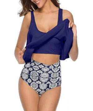 Sets Women High Waisted Swimsuit Two Piece Ruffled Flounce Top with Ruched Bottom - 06navy Blue - C918SLRZ3UA