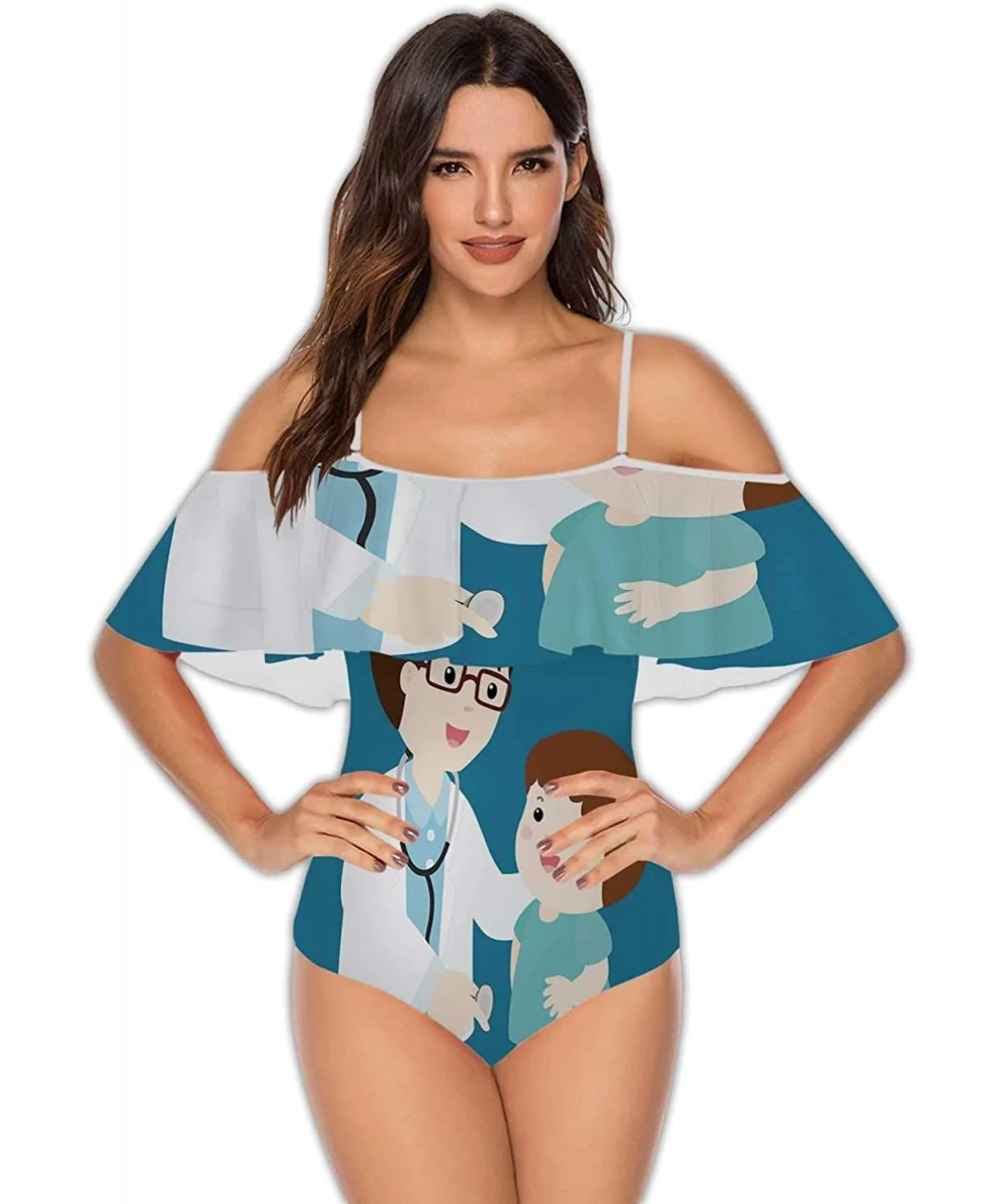 One-Pieces Art Deco Seamless Pattern with 4 Colours - Women Off Shoulder Ruffle Swimwear S - Multi 25 - C2199DX477S