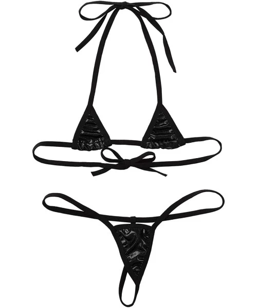 One-Pieces Women's Halterneck Micro Thong Bikini 2 Piece Swimsuit Mini Sexy Extreme Swimwear Clubwear - Black - CT190Z7D5DU