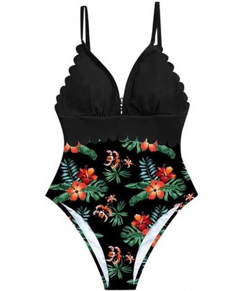 One-Pieces Swimsuits for Women-Sexy V Neck Floral Print High Waisted Tummy Control Swimsuit Monokini One Piece Swimwear - C -...