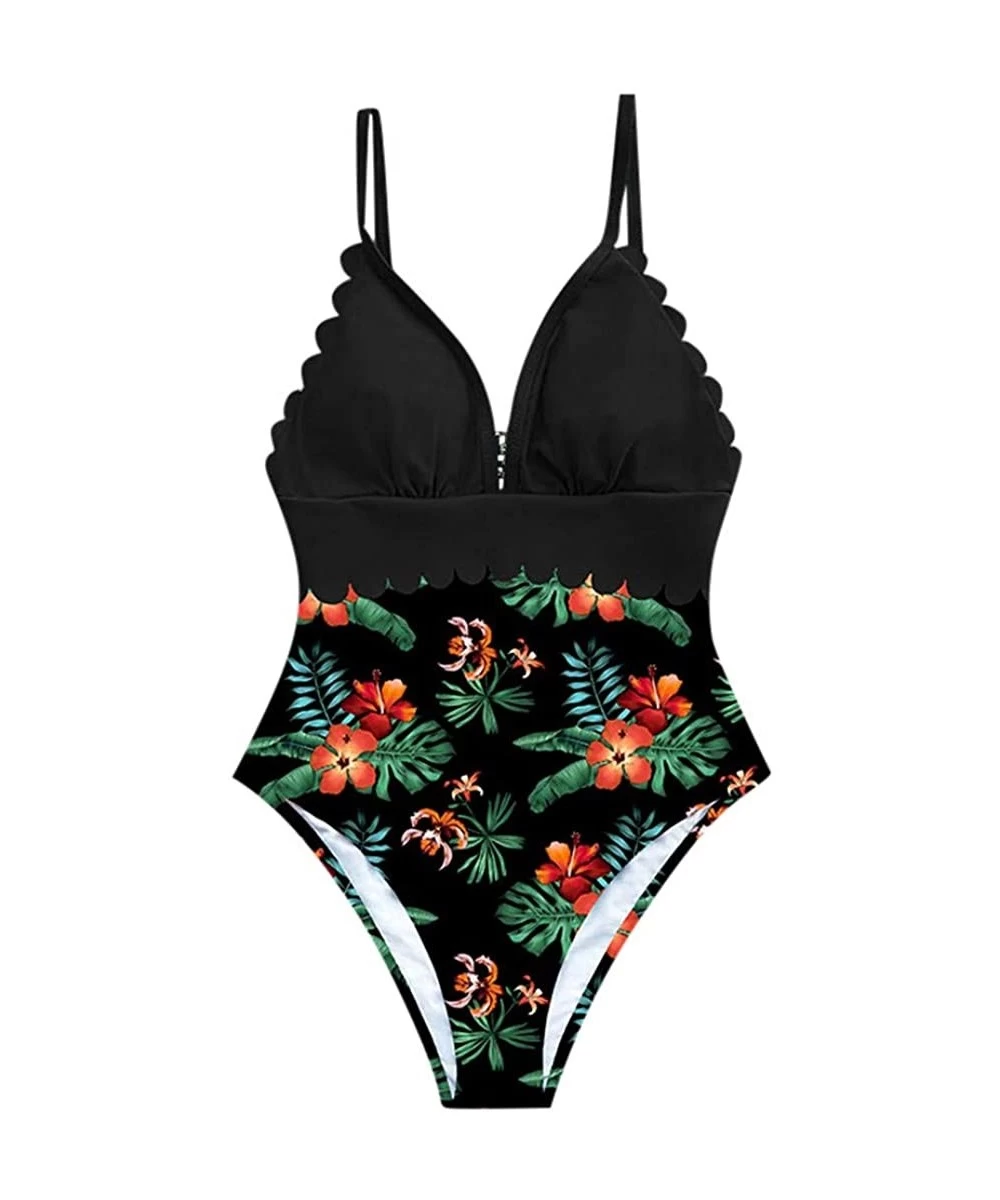 One-Pieces Swimsuits for Women-Sexy V Neck Floral Print High Waisted Tummy Control Swimsuit Monokini One Piece Swimwear - C -...