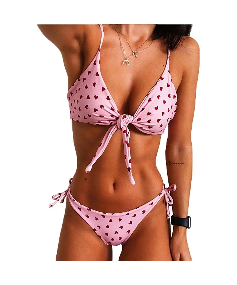 Sets Women's Sexy Bikini Swimsuits Retro Heart Sunflower Tie Knot Front 2 Piece Bathing Beachwear Swimwear Set - Heart - CO19...