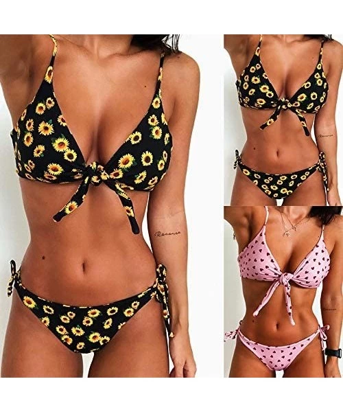 Sets Women's Sexy Bikini Swimsuits Retro Heart Sunflower Tie Knot Front 2 Piece Bathing Beachwear Swimwear Set - Heart - CO19...