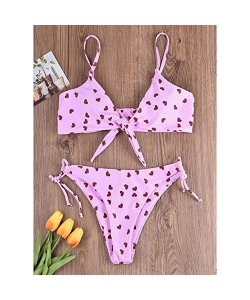 Sets Women's Sexy Bikini Swimsuits Retro Heart Sunflower Tie Knot Front 2 Piece Bathing Beachwear Swimwear Set - Heart - CO19...