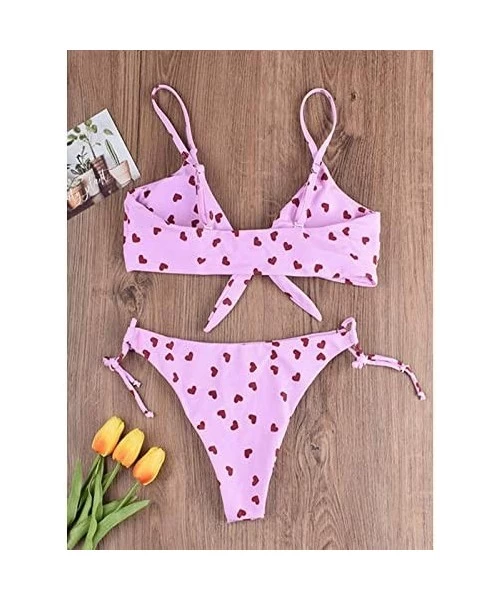 Sets Women's Sexy Bikini Swimsuits Retro Heart Sunflower Tie Knot Front 2 Piece Bathing Beachwear Swimwear Set - Heart - CO19...