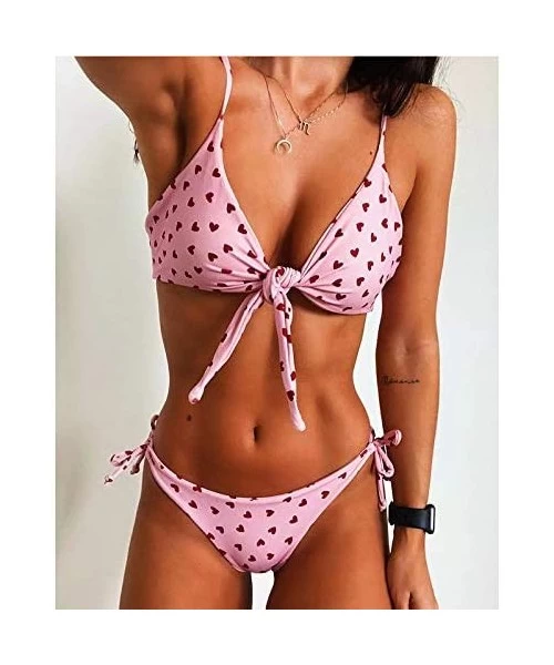 Sets Women's Sexy Bikini Swimsuits Retro Heart Sunflower Tie Knot Front 2 Piece Bathing Beachwear Swimwear Set - Heart - CO19...