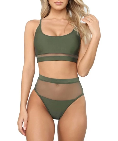 Bottoms Women's Crop Top Striped Printed High Waisted Cheeky Bikini Set Two Piece Swimsuits - Mesh Green - C5199A72DQU