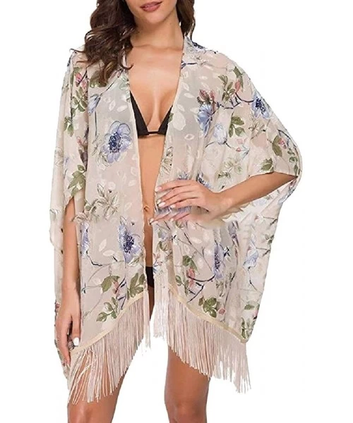 Cover-Ups Women's Kimono Chiffon Cardigan High Low Long Floral Beach Swim Bikini Cover Ups - Beige - C619C4Y4LX6