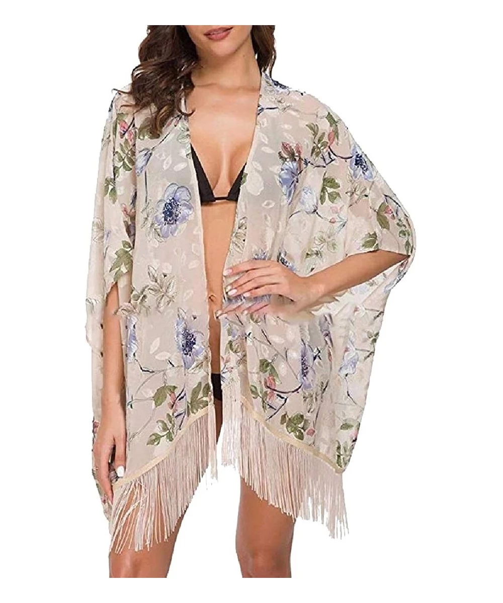 Cover-Ups Women's Kimono Chiffon Cardigan High Low Long Floral Beach Swim Bikini Cover Ups - Beige - C619C4Y4LX6