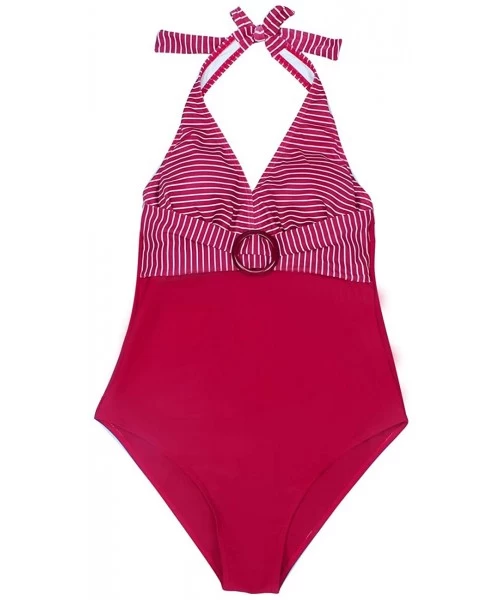 One-Pieces Womens Halter Striped One Piece Monikini Swimsuits High Waisted Bathing Suit Swimwear - Red-strips - CU196YRLYOS