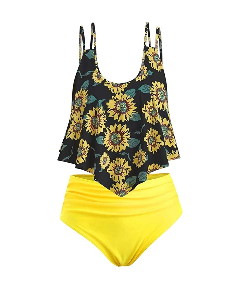 Tankinis Swimsuit for Women High Waisted Swimsuits Tummy Control Two Piece Tankini Sunflower Top with Swim Bottom Bathing Sui...