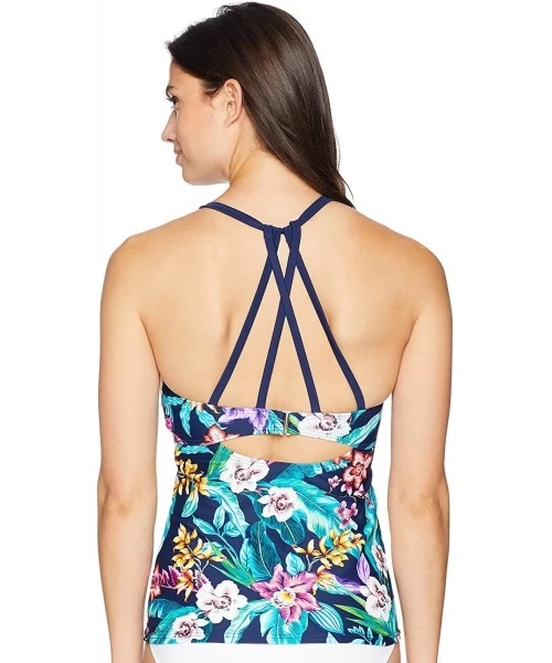 Sets Women's Swimwear Highneck Halter Tankini Top with Strappy Back - Garden of Eden/Navy - CE18CERGYSU