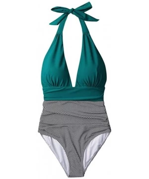 Tankinis Women's Bathing Suit Padded One Piece Swimsuit Deep V Neck Halter Swimwear Tummy Control High Waisted Beachwear Gree...