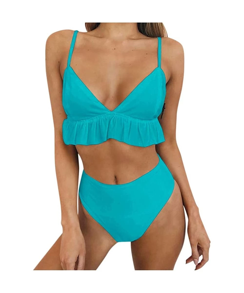 Sets Womens Solid Flounce Bikini Set Ruffle High Waisted Two Piece Bathing Suit Swimsuit - Sky Blue - C9196OOC2MW