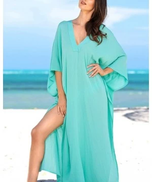 Cover-Ups Womens Sexy V Neck Kaftans Maxi Long Beach Cover up Dress - Green - CU18NS6CK6N