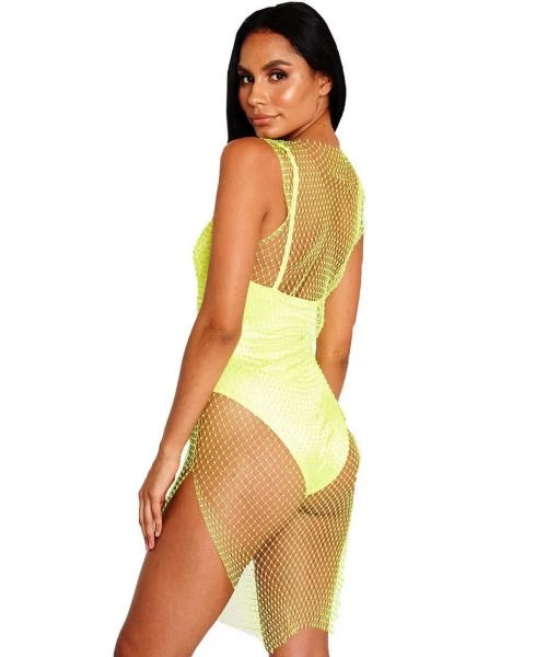 Cover-Ups Rhinestone See Through Mesh Dress Beach Bikini Swimsuit Sleeveless Cover up Midi Dress Sexy Nightclub Fishnet Fashi...