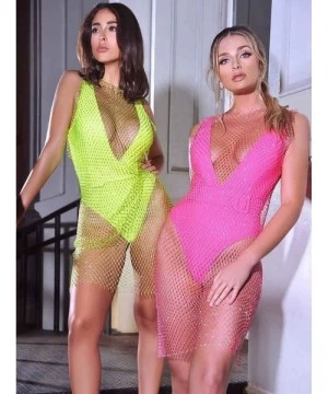 Cover-Ups Rhinestone See Through Mesh Dress Beach Bikini Swimsuit Sleeveless Cover up Midi Dress Sexy Nightclub Fishnet Fashi...