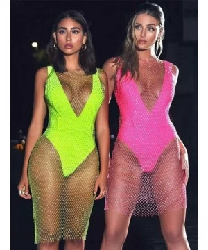 Cover-Ups Rhinestone See Through Mesh Dress Beach Bikini Swimsuit Sleeveless Cover up Midi Dress Sexy Nightclub Fishnet Fashi...