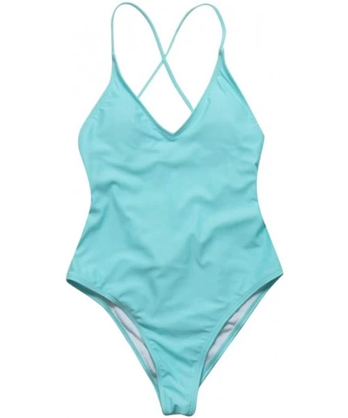 One-Pieces Women Solid Color Jumpsuit Push-Up Beach Bikini One Piece Swimwear - Blue - C9196OTNNWK