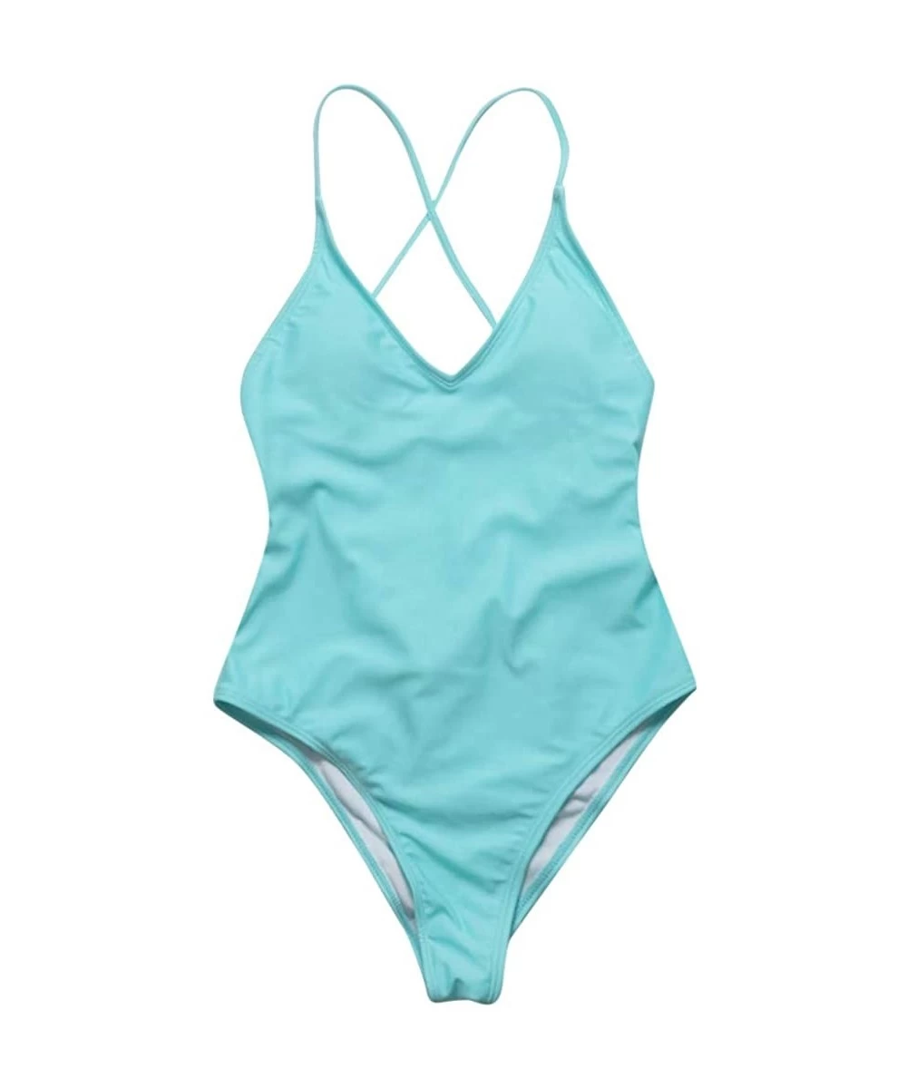 One-Pieces Women Solid Color Jumpsuit Push-Up Beach Bikini One Piece Swimwear - Blue - C9196OTNNWK