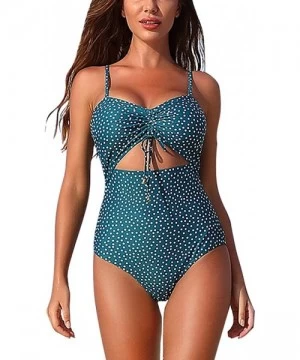 One-Pieces Women's 2020 Summer One Piece Swimsuits Hollow Out Tie Belt Cutout High Waist Polka Dot Monokini Swimwear Light Bl...