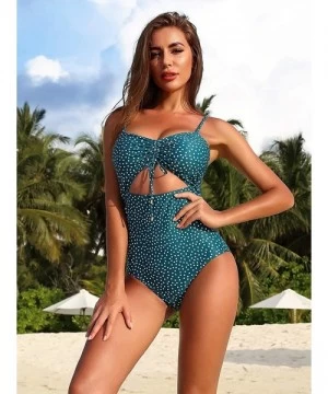 One-Pieces Women's 2020 Summer One Piece Swimsuits Hollow Out Tie Belt Cutout High Waist Polka Dot Monokini Swimwear Light Bl...