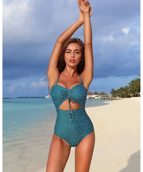 One-Pieces Women's 2020 Summer One Piece Swimsuits Hollow Out Tie Belt Cutout High Waist Polka Dot Monokini Swimwear Light Bl...