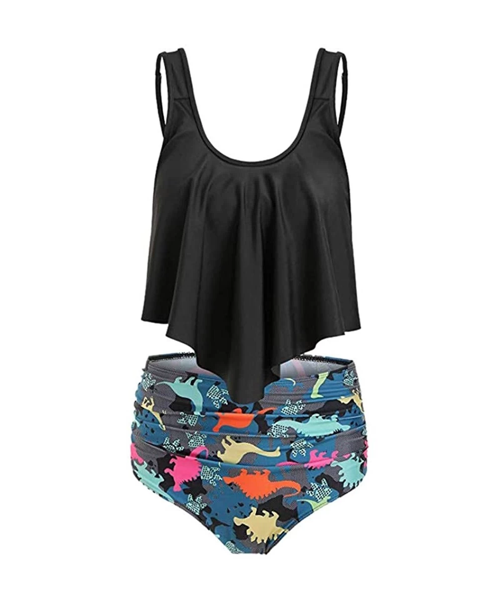 Racing Swimsuits for Women Dinosaur Print Two Piece Bathing Suits Flounce Ruffled Top with High Waisted Bottom Tankini Black ...