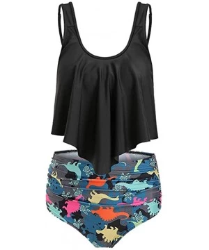 Racing Swimsuits for Women Dinosaur Print Two Piece Bathing Suits Flounce Ruffled Top with High Waisted Bottom Tankini Black ...