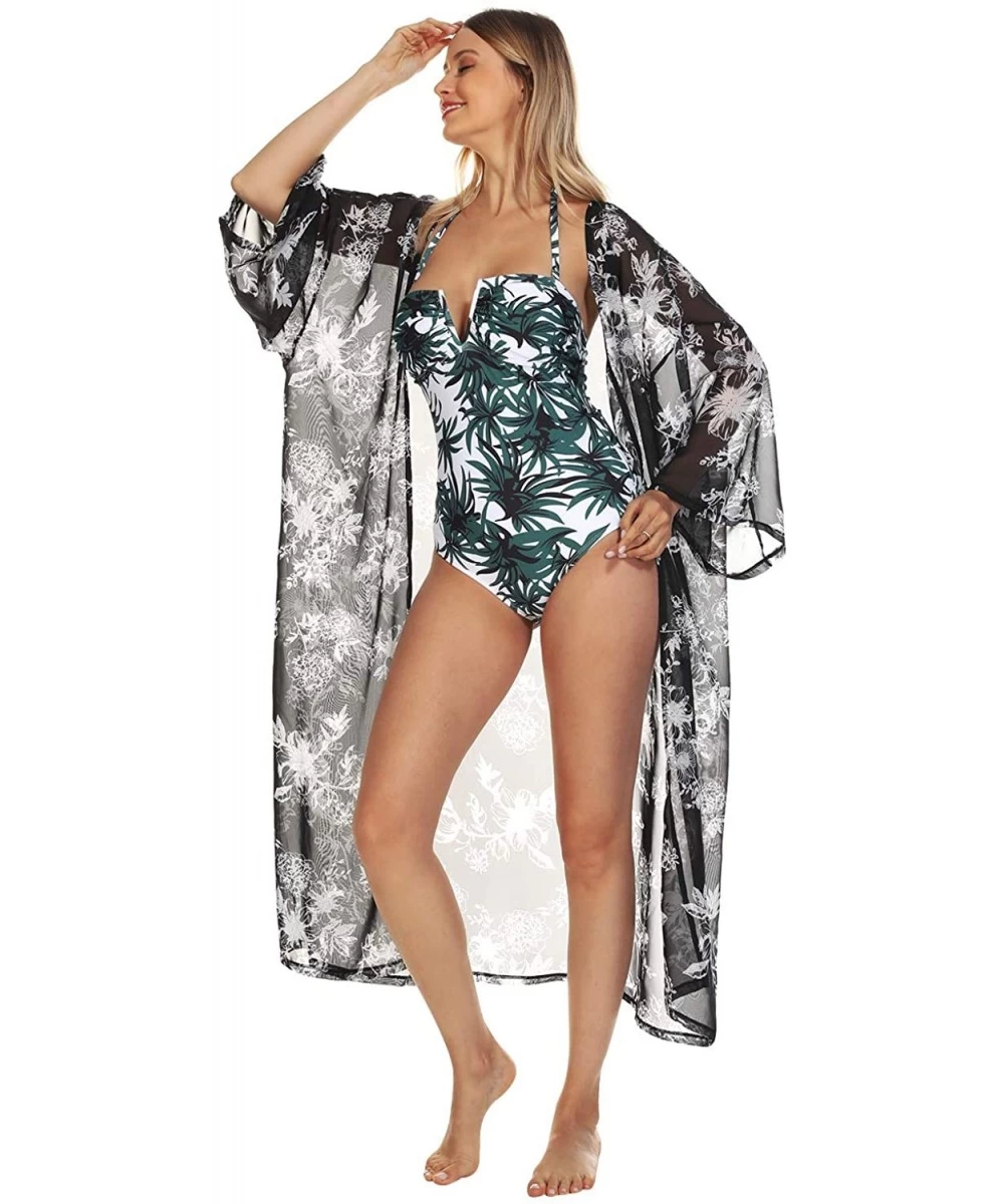 Cover-Ups Women's Kimono Beach Cover Up Chiffon Cardigan Floral Tops Loose Capes - Black-white Flower - CG1947MW6WU